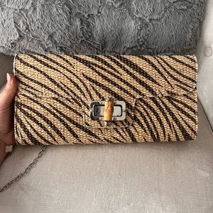 Zebra Beige and Brown Print Clutch with Silver Chain